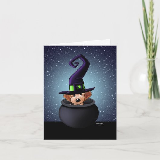 KiniArt Goldendoodle Witch Halloween Karte (Vorderseite)