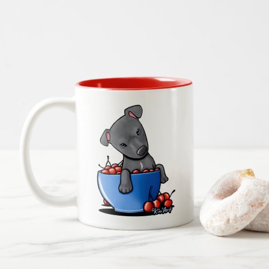 KiniArt Pitbull Welpe Zwei-Tone-Kaffee-Tasse Zweifarbige Tasse (Mit Donut)