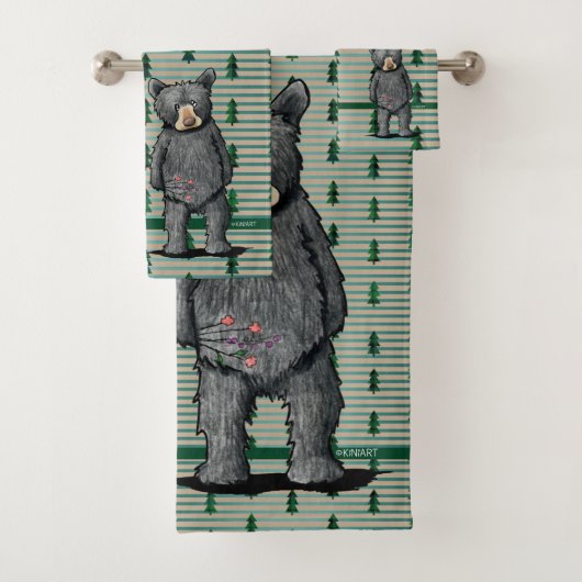 KiniArt Schwarzer Bär und Bäume Badhandtuch Set (Insitu)