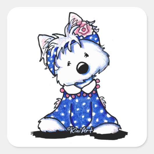 KiniArt Westie Darling in Dots Quadratischer Aufkleber (Vorderseite)