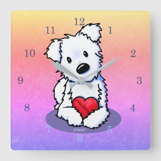 KiniArt Westie Mended Heart Quadratische Wanduhr (Vorderseite)