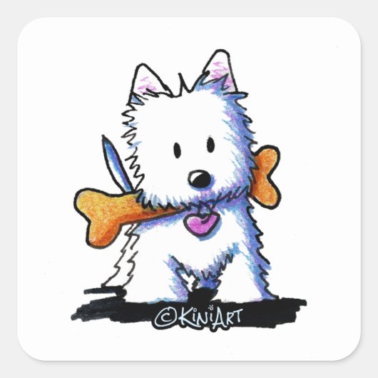 KiniArt Westie mit Knochen Quadratischer Aufkleber (Vorderseite)