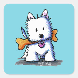KiniArt Westie mit Knochen Quadratischer Aufkleber