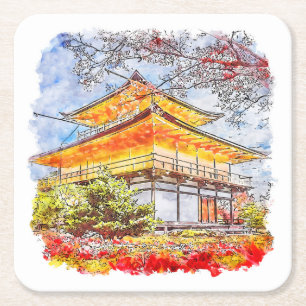 Kinkakuji Temple Japan HandDrawn Wasserfarbsketch Rechteckiger Pappuntersetzer