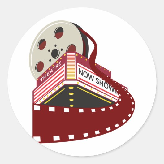 Kino-Gebäude mit Filmrolle Runder Aufkleber (Vorderseite)