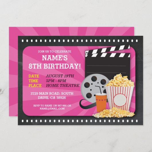 Kinoabend Geburtstagsparty Einladung (Vorne/Hinten)