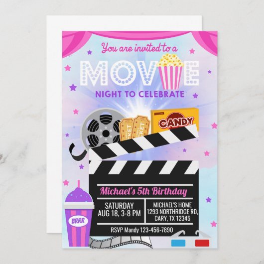 Kinoabend Mädchen Geburtstagseinladung. Einladung (Vorne/Hinten)