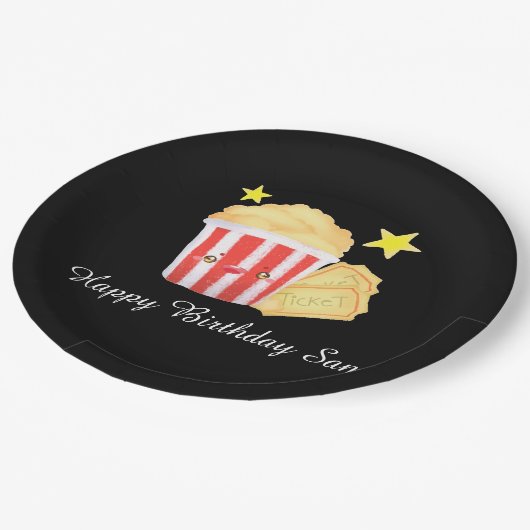 Kinoabend Popcorn und Tickets Pappteller (Schrägansicht)