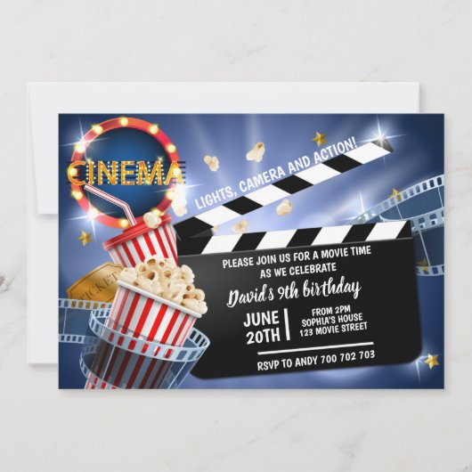 Kinofilm Time Boy Birthday Popcorn Einladung (Vorderseite)
