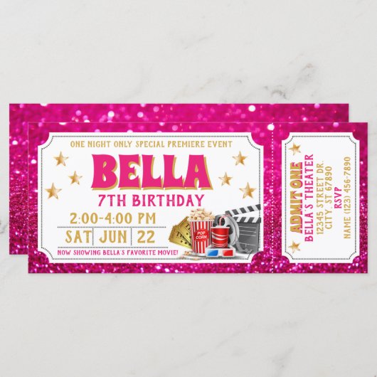Kinokarte Geburtstag Einladung Rosa Glitzer (Vorne/Hinten)
