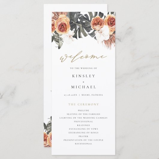 KINSLEY Boho Terracotta Floral Wedding Program Menükarte (Vorne/Hinten)