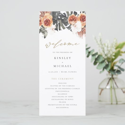 KINSLEY Boho Terracotta Floral Wedding Program Menükarte (Stehend Vorderseite)