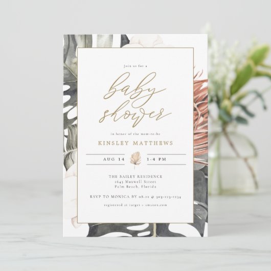 KINSLEY Boho Terracotta Tropical Palm Baby Dusche Einladung (Stehend Vorderseite)