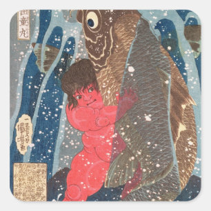 Kintoki Swims up Waterfall Quadratischer Aufkleber