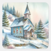 Kirche am Schneewintertag | Christmas Quadratischer Aufkleber (Vorderseite)