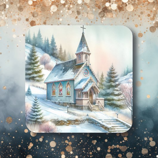 Kirche am Schneewintertag | Christmas Quadratischer Aufkleber