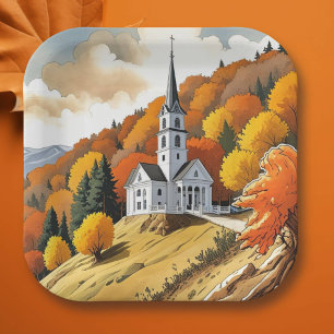 Kirche auf einem Hügel im Herbst Pappteller