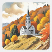 Kirche auf einem Hügel im Herbst Quadratischer Aufkleber (Vorderseite)