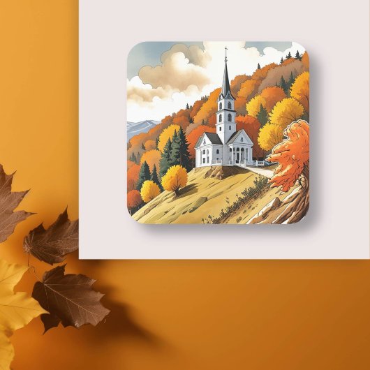 Kirche auf einem Hügel im Herbst Quadratischer Aufkleber