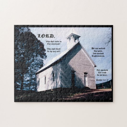 Kirche auf einem Hügel mit Psalm 15:1-2 Puzzle (Horizontal)