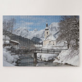 Kirche im Schnee mit den Alpen im Winter Puzzle (Horizontal)