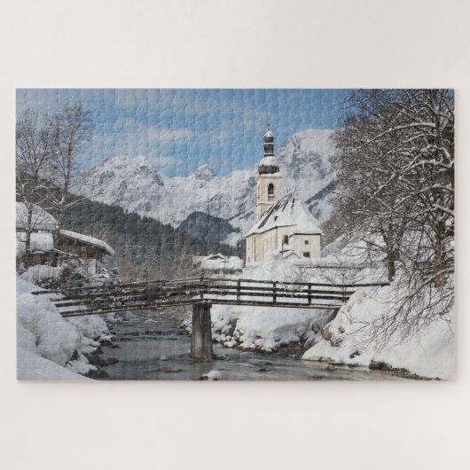Kirche im Schnee mit den Alpen im Winter Puzzle (Horizontal)