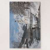 Kirche im Schnee mit den Alpen im Winter Puzzle (Vertikal)