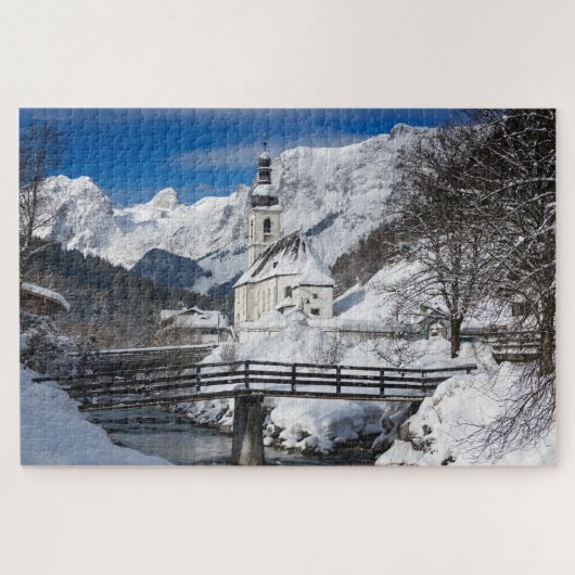Kirche im Schnee mit den Alpen Puzzle (Horizontal)