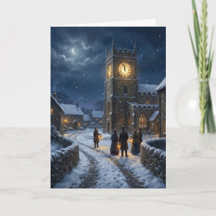 Kirche im viktorianischen Dorf Weihnachtsabend Mit Feiertagskarte