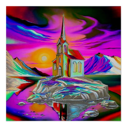 Kirche in psychedelischer Landschaft 1 Poster (Vorderseite)
