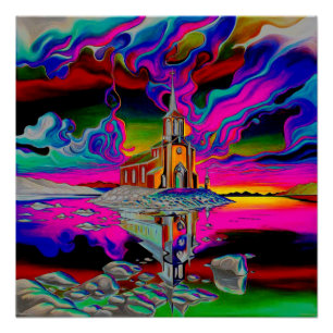 Kirche in psychedelischer Landschaft 2 Poster