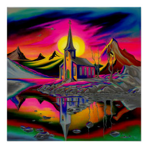 Kirche in psychedelischer Landschaft 4 Poster
