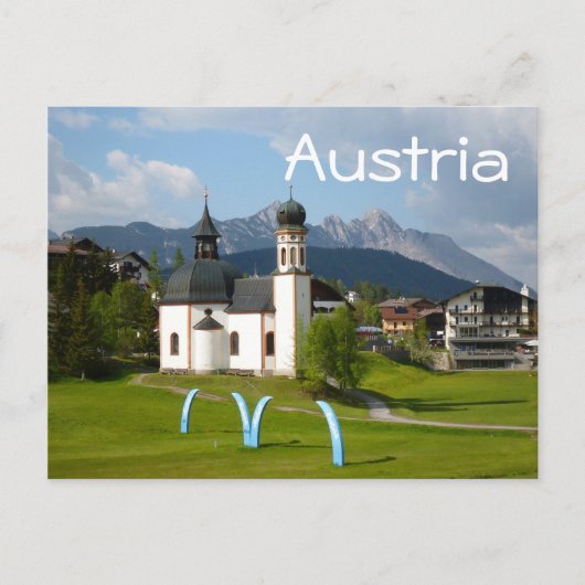 Kirche in Seefeld, österreichischer Text Postkarte (Vorderseite)