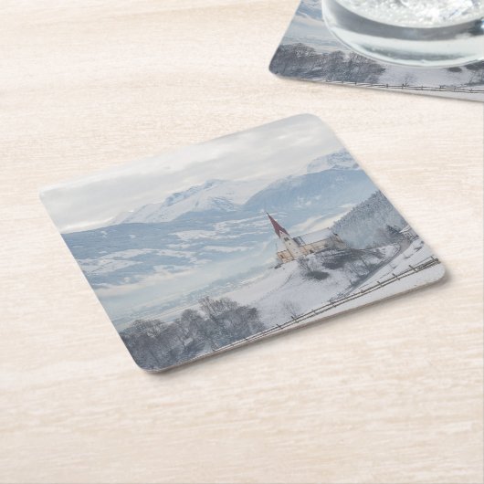 Kirche in Zillertal im Winter-Untersetzer Rechteckiger Pappuntersetzer (angewinkelt)