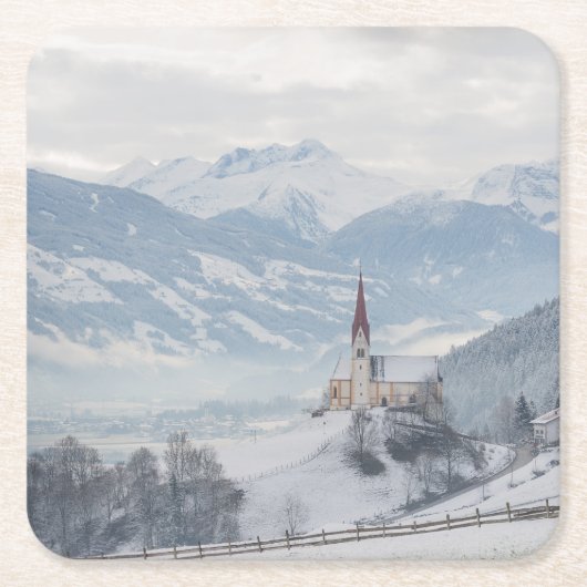Kirche in Zillertal im Winter-Untersetzer Rechteckiger Pappuntersetzer (Vorderseite)