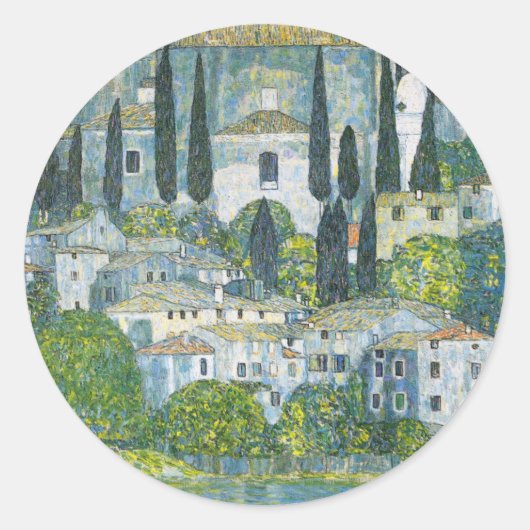 Kirche (Kirche) in Cassone von Gustav Klimt Runder Aufkleber (Vorderseite)