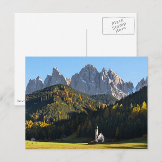 Kirche mit den Dolomiten - Berge Postkarte (Vorne/Hinten)