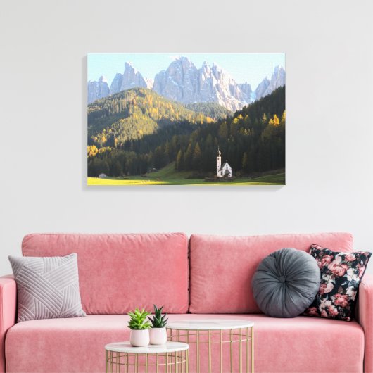 Kirche mit Dolomiten-Leinwand Leinwanddruck (Insitu (Wohnzimmer))