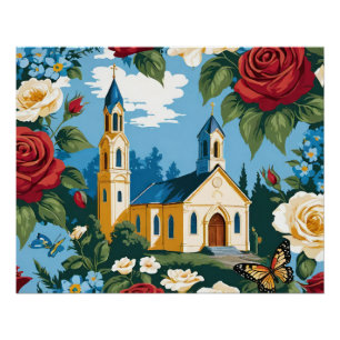 Kirche mit Rosen und Schmetterling Poster