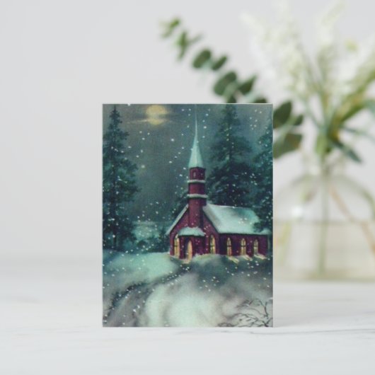 Kirche Snow Scene Vintage Kunst Postkarte (Stehend Vorderseite)