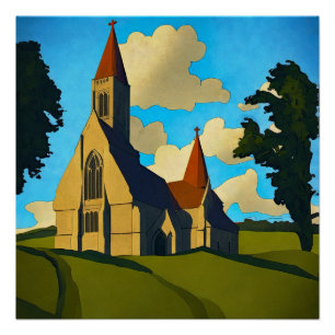 Kirche und Bäume im Sommer Poster
