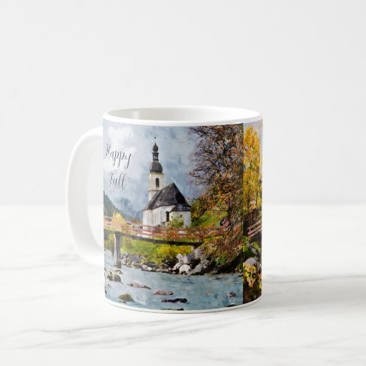 Kirche und Bäume mit individualisiertem Text Kaffeetasse (Vorderseite Links)