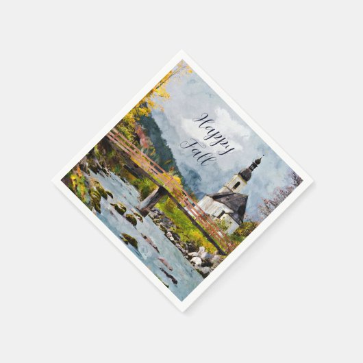 Kirche und Bäume mit individualisiertem Text Serviette (Ecke)