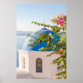Kirche und Blume von Santorin Poster