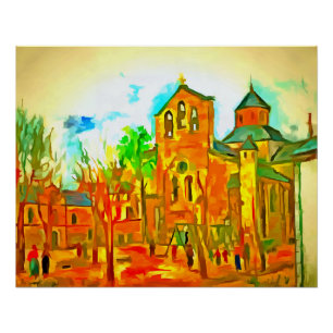 Kirche und Platz von Aubazin in Corrèze. Poster