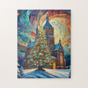 Kirche und Weihnachtsbaum im modernen Stil Puzzle