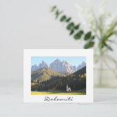 Kirche von Dolomiten Weißer Text auf der Postkarte (Stehend Vorderseite)