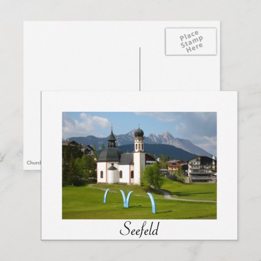 Kirche von Seefeld, weißer Text Postkarte (Vorne/Hinten)