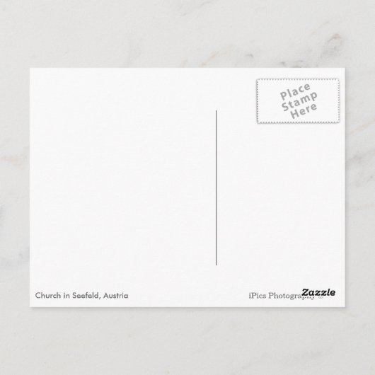 Kirche von Seefeld, weißer Text Postkarte (Rückseite)