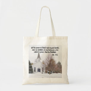 Kirche Winter Schnee Bibelvers Foto Tragetasche